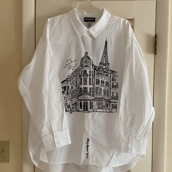 NWT Karl Lagerfeld White Oversize Long Sleeve High-Low Button down Woman Shirt - Picture 4 of 11